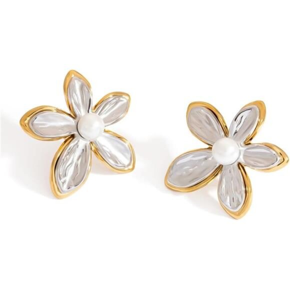 🌸 Gold & Silver Flower Stud Earrings | Hypoallergenic Stainless Steel Floral - Picture 1 of 6